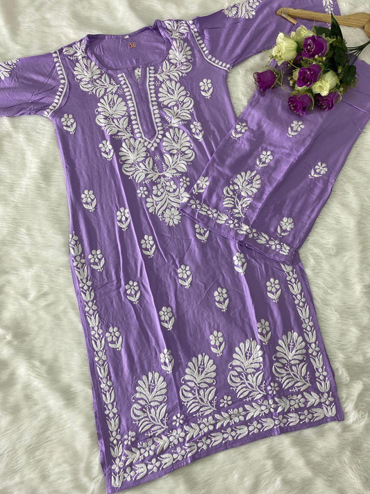 Lilac Chic Chikankari Rayon Kurti and Palazzo Set - Inayakhan Shop 