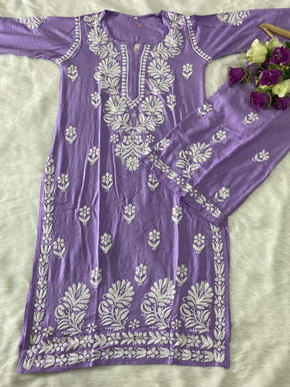 Lilac Chic Chikankari Rayon Kurti and Palazzo Set - Inayakhan Shop 