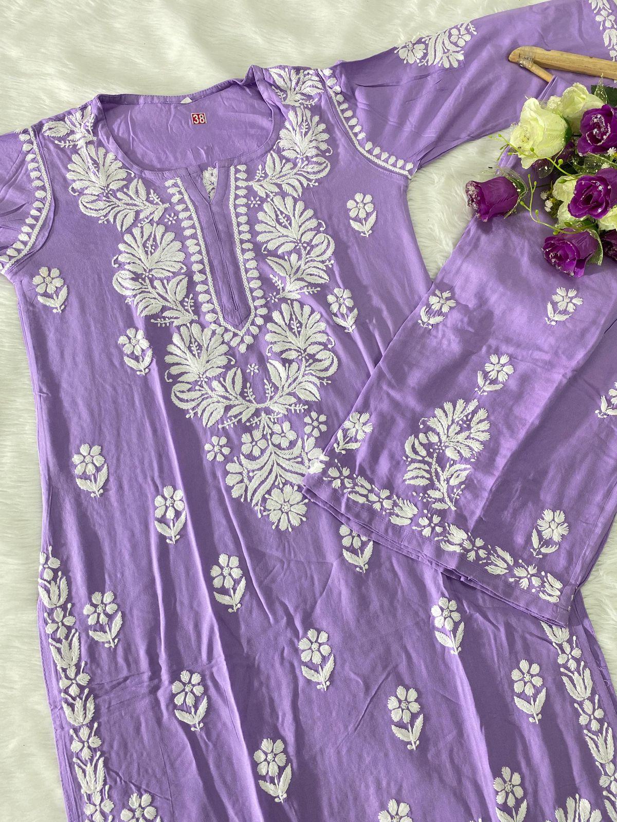 Lilac Chic Chikankari Rayon Kurti and Palazzo Set - Inayakhan Shop 