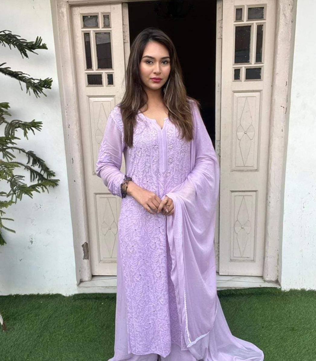 Lilac Ethereal Viscose Bliss: Premium Heavy Jaal Work Viscose Plazzo Set - Inayakhan Shop 