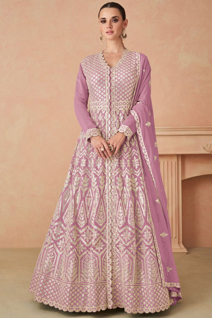 Dusty Pink Premium Embroidered Georgette Anarkali Suit with Skirt and Dupatta