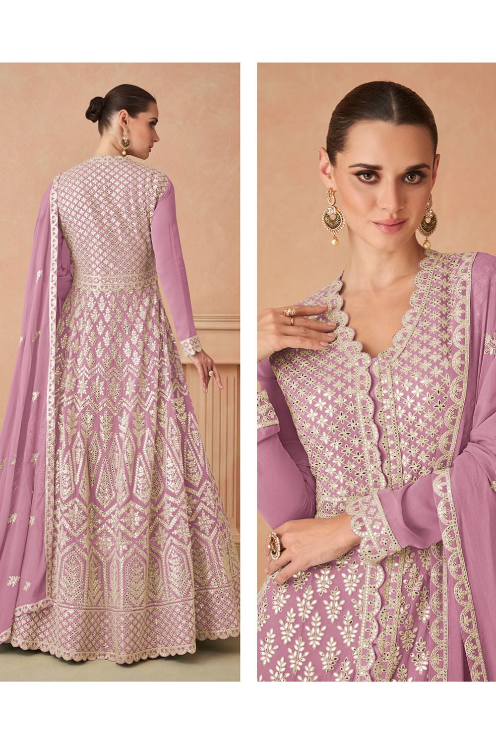 Dusty Pink Premium Embroidered Georgette Anarkali Suit with Skirt and Dupatta