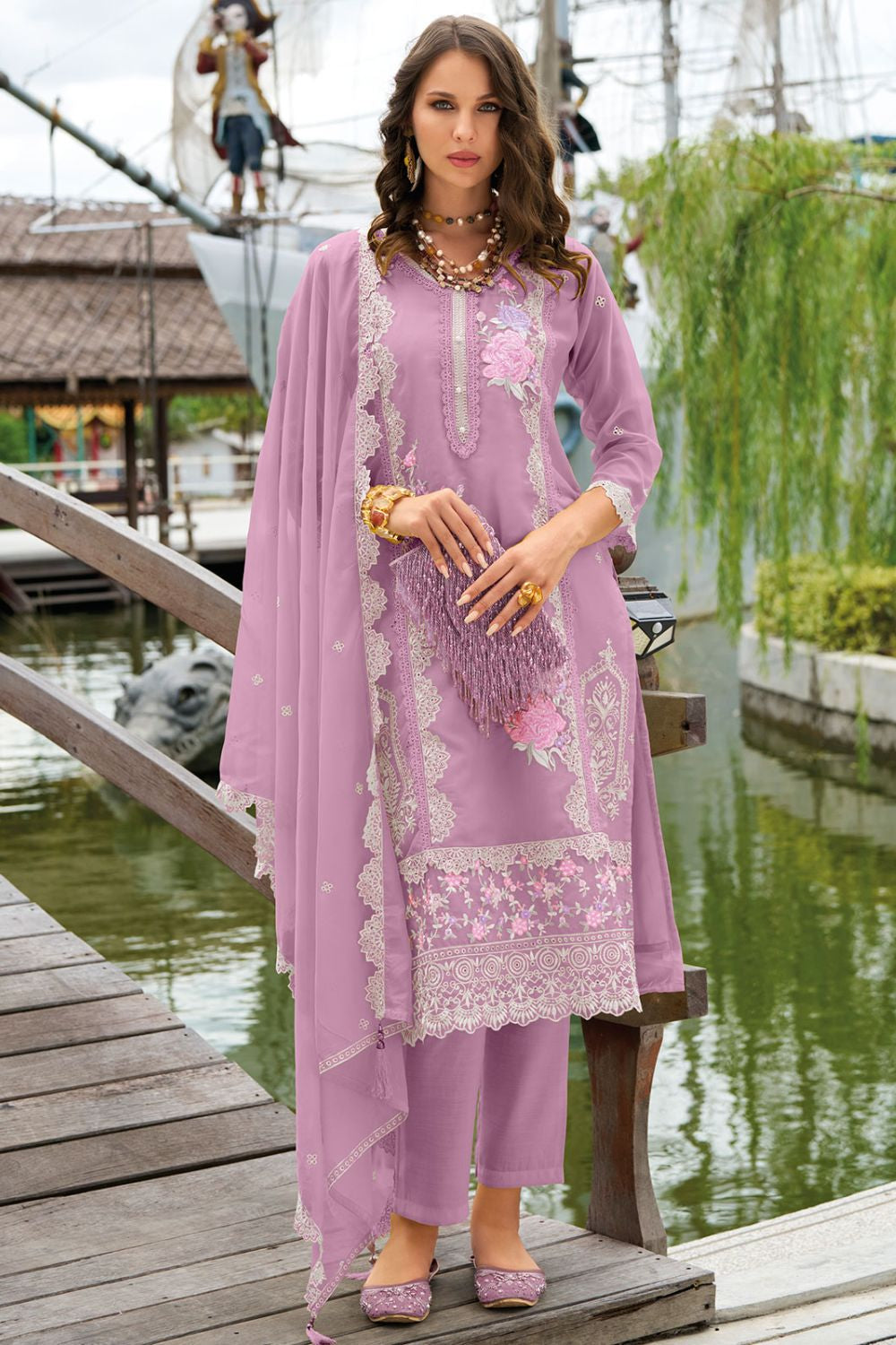 Dusty Pink Pakistani Style Soft Organza Salwar Kameez Set with Dupatta