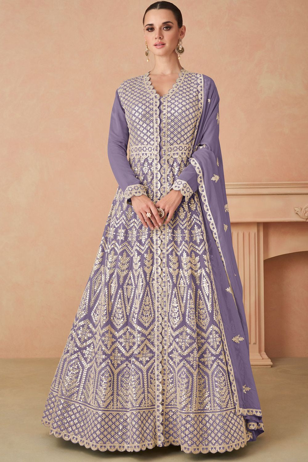 Lilac Premium Embroidered Georgette Anarkali Suit with Skirt and Dupatta