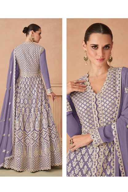 Lilac Premium Embroidered Georgette Anarkali Suit with Skirt and Dupatta