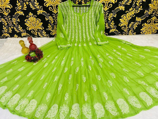 Lime Green Classic Lucknow Chikankari Anarkali Gown 56 inch Kali - Inayakhan Shop 