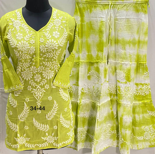 Lime Green Color Pure Mulmul short top with tie and dye gharara with finest quality intricate chikankari hand embroidery - Inayakhan Shop 