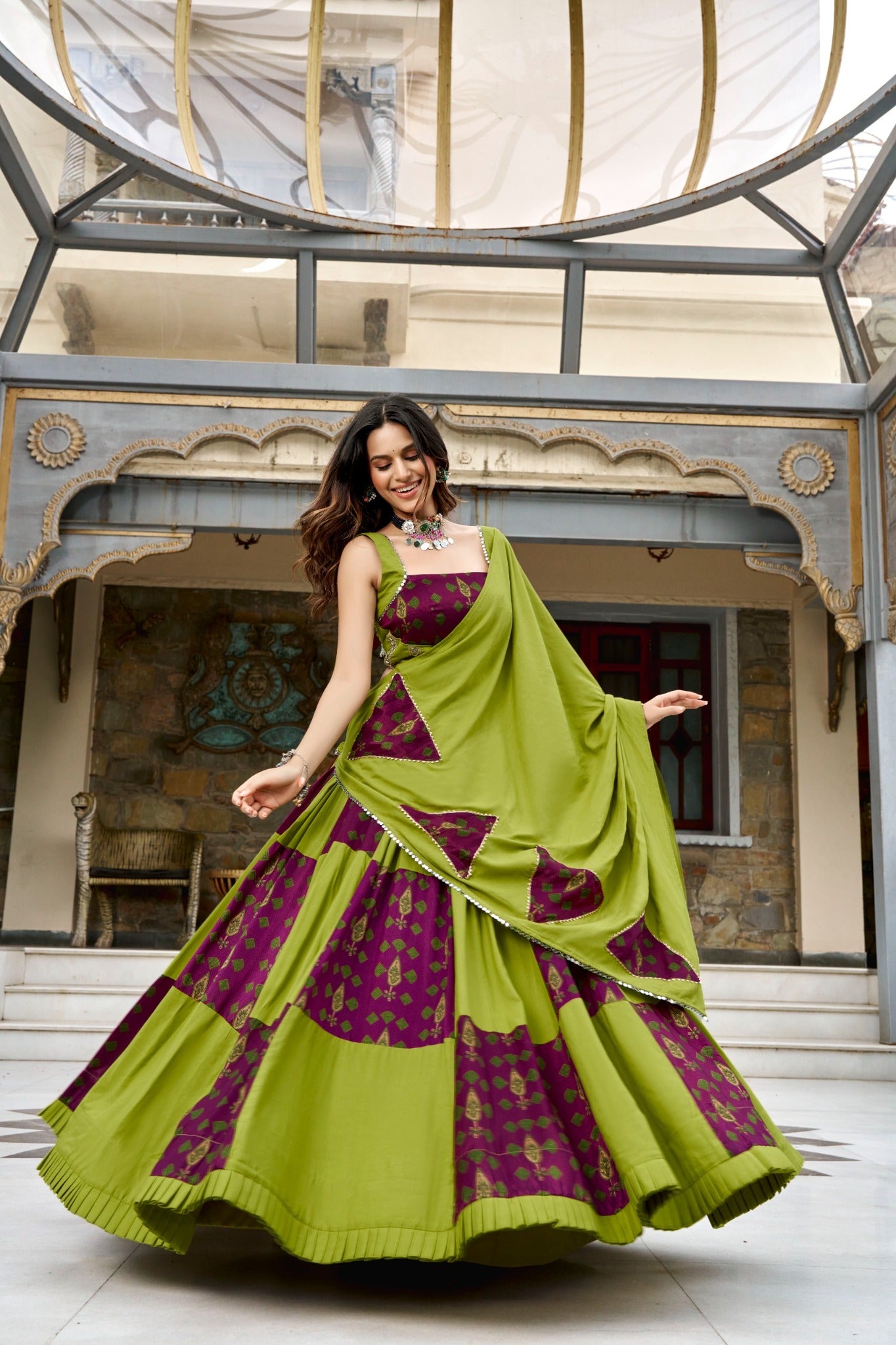 Lime green and magenta Ajrakh print Navratri lehenga choli with dupatta
