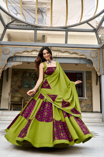 Lime green and magenta Ajrakh print Navratri lehenga choli with dupatta