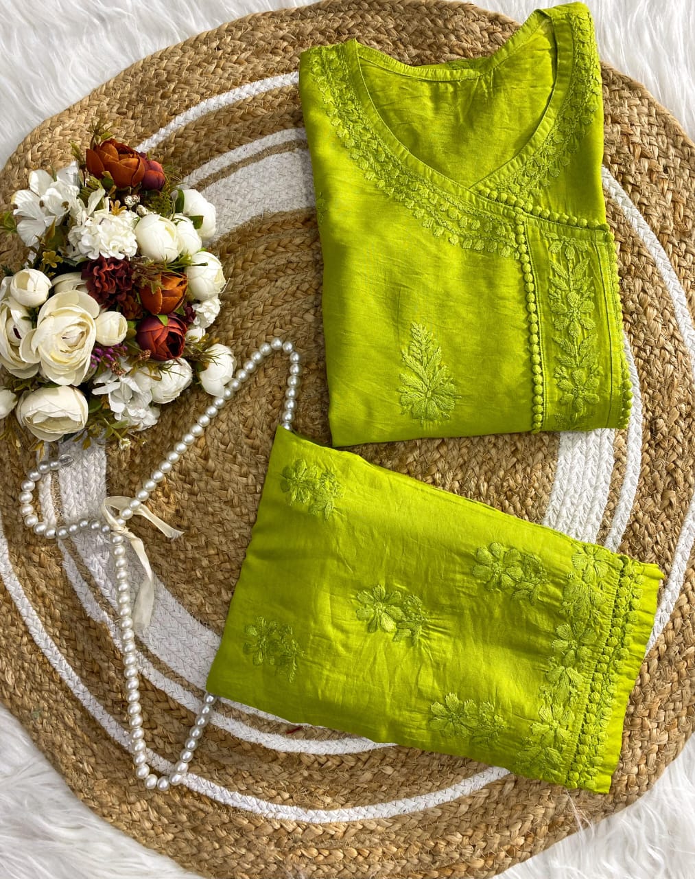 Premium Chartreuse lime-green Chanderi Silk Lucknow Chikankari Kurti & Lace Pant Set (NEW)
