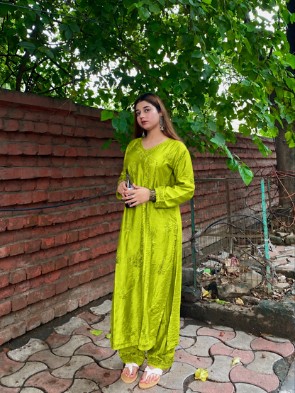 Premium Chartreuse lime-green Chanderi Silk Lucknow Chikankari Kurti & Lace Pant Set (NEW)