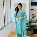 Teal Green Color Aurora Breeze Brasso Chikankari Cotton Ensemble 3 Pc Set