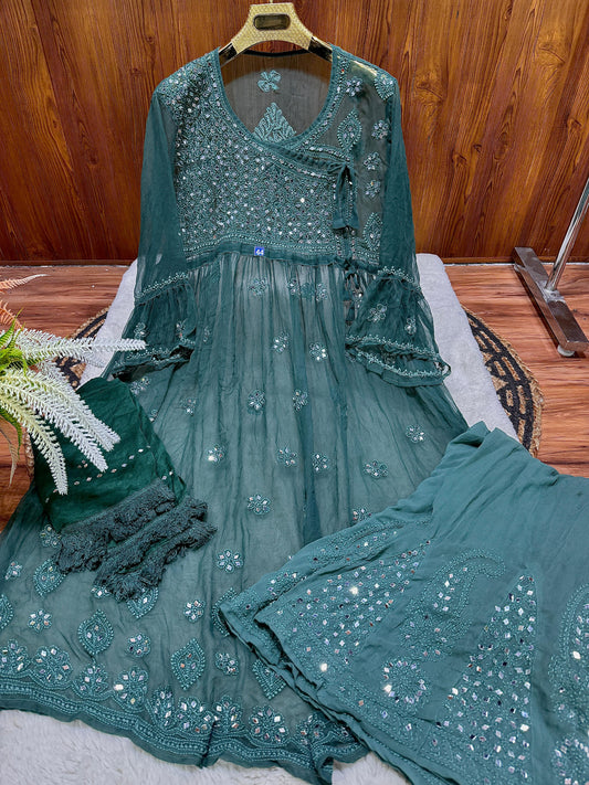 Dark Green Lucknowi Chikankari Georgette Mirror Work Angrakha Gown with Sharara & Dupatta Set