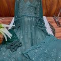 Dark Green Lucknowi Chikankari Georgette Mirror Work Angrakha Gown with Sharara & Dupatta Set