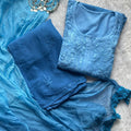 Blue Ombre Elegance: Handcrafted Lucknowi Chikankari Rayon 3-Piece Set with Dupatta