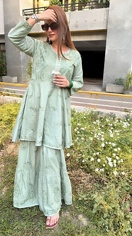 Green Pure Mal Mal Dyed Gharara Co-ord Set with Lucknow Chikankari Work