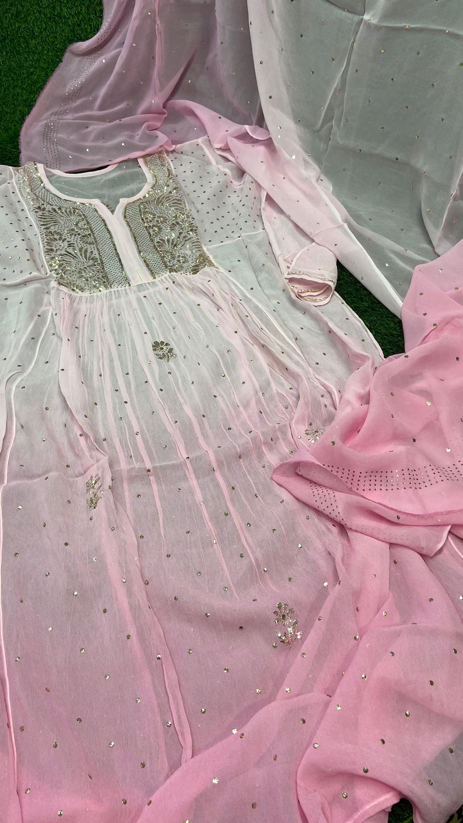 Pink Premium Party Wear Lucknow Chikankari Kurta Set with Teeki Fardi & Mukesh Work