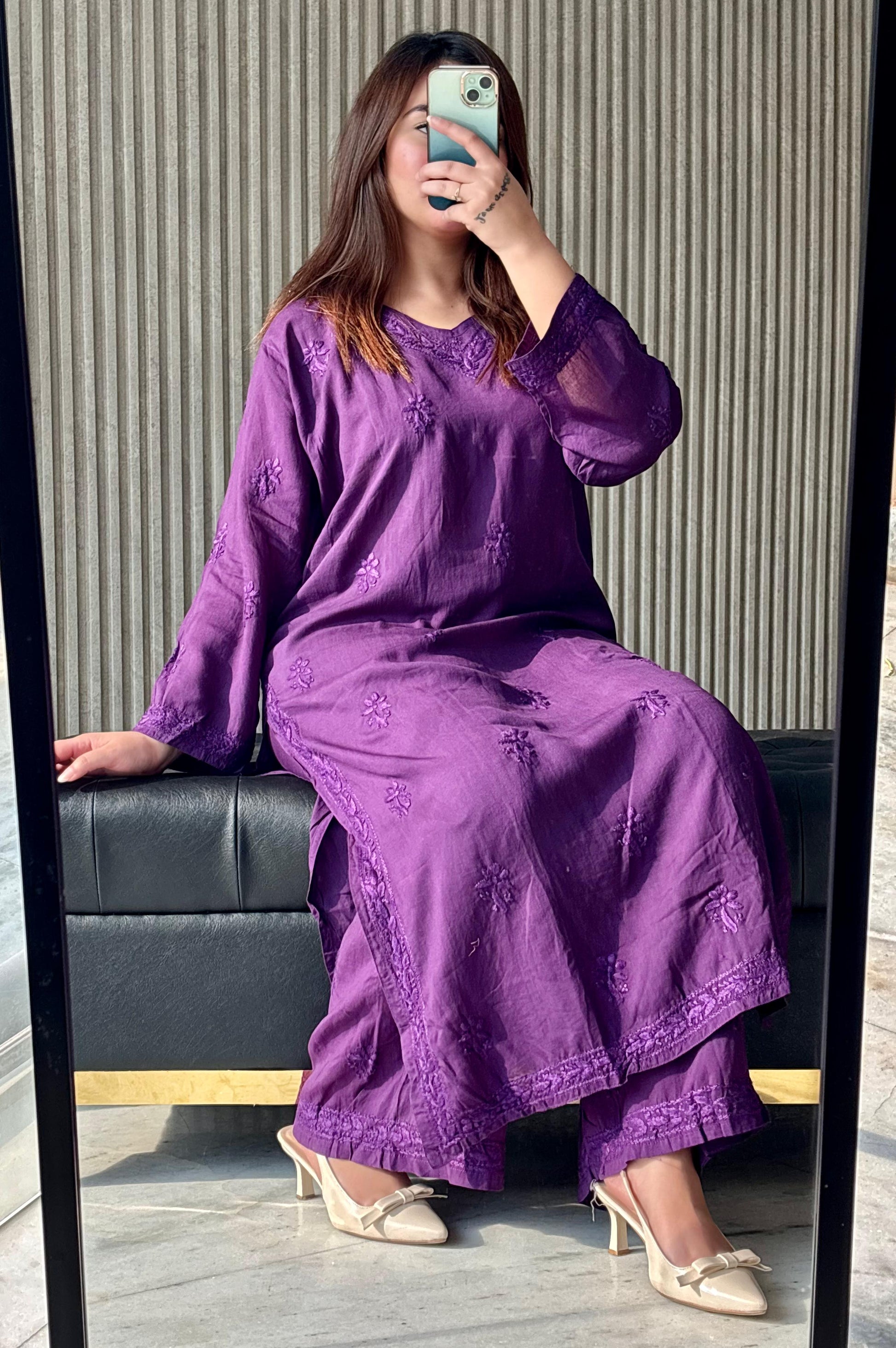 cotton chikan dress Deep Purple Modal Cotton Lucknow Chikankari Kurti with Palazzo Set M