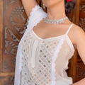 White Luxe Viscose Ring Work Jaal Lucknow Chikankari Kurti and Pant Set with Dupatta