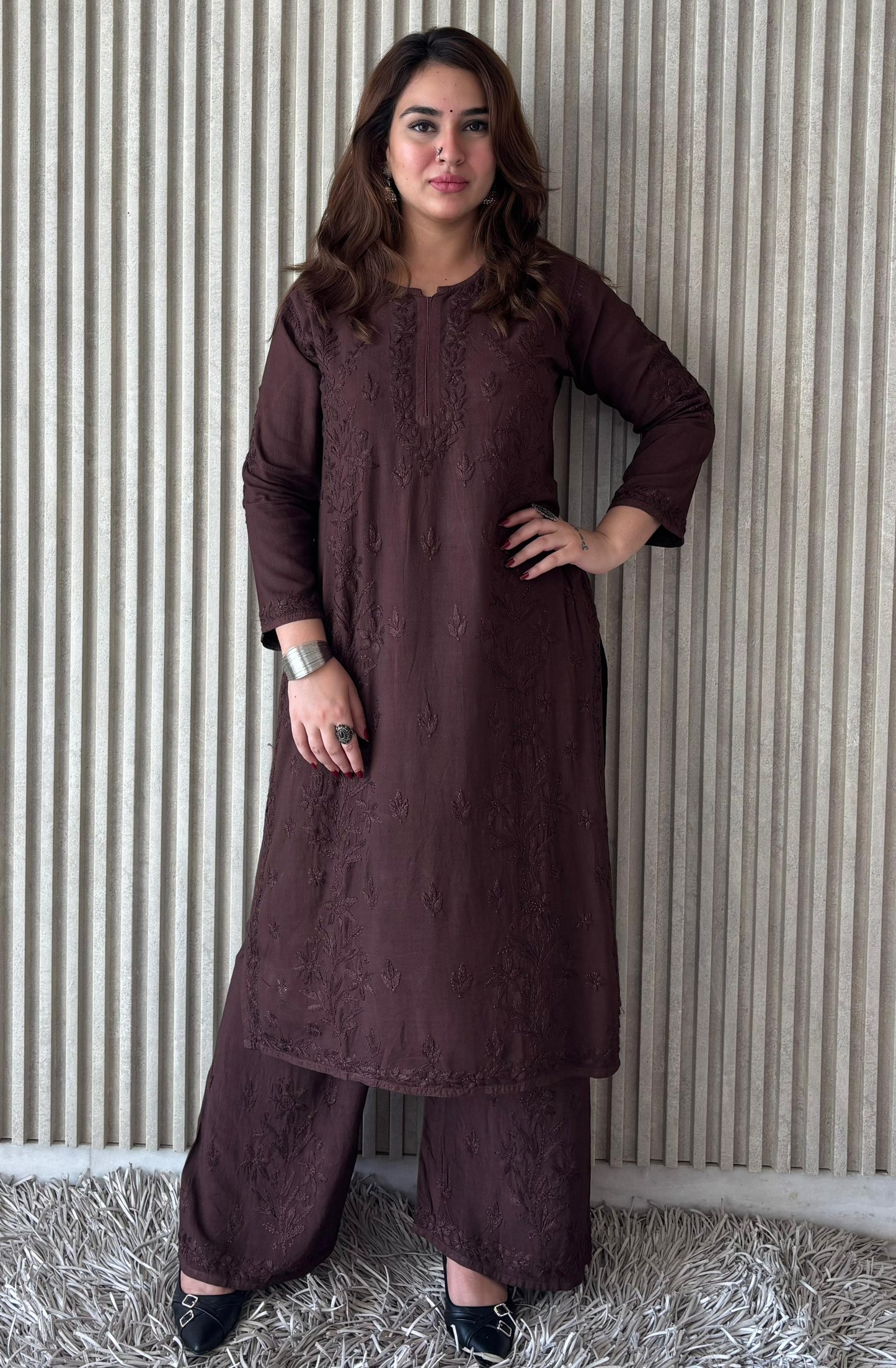 Coffee Brown Rayon Lucknow Chikankari Kurta with Palazzo Set
