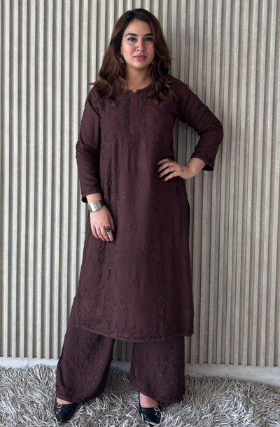 Coffee Brown Rayon Lucknow Chikankari Kurta with Palazzo Set