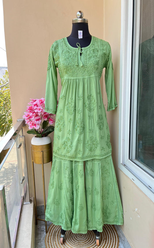 Green Premium Modal Silk Chikankari Kurti and Gharara Set Limited Stock
