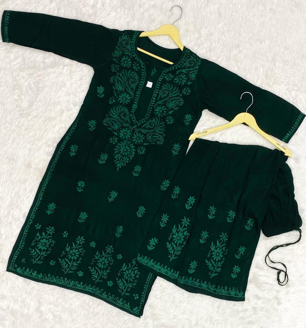 Dark Green Premium Lucknow Chikankari Cotton Kurti & Palazzo Set