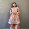 Peach Premium Lucknowi Chikankari Lace Printed Mal Mal Bell Sleeves Co-Ord Gharara Set