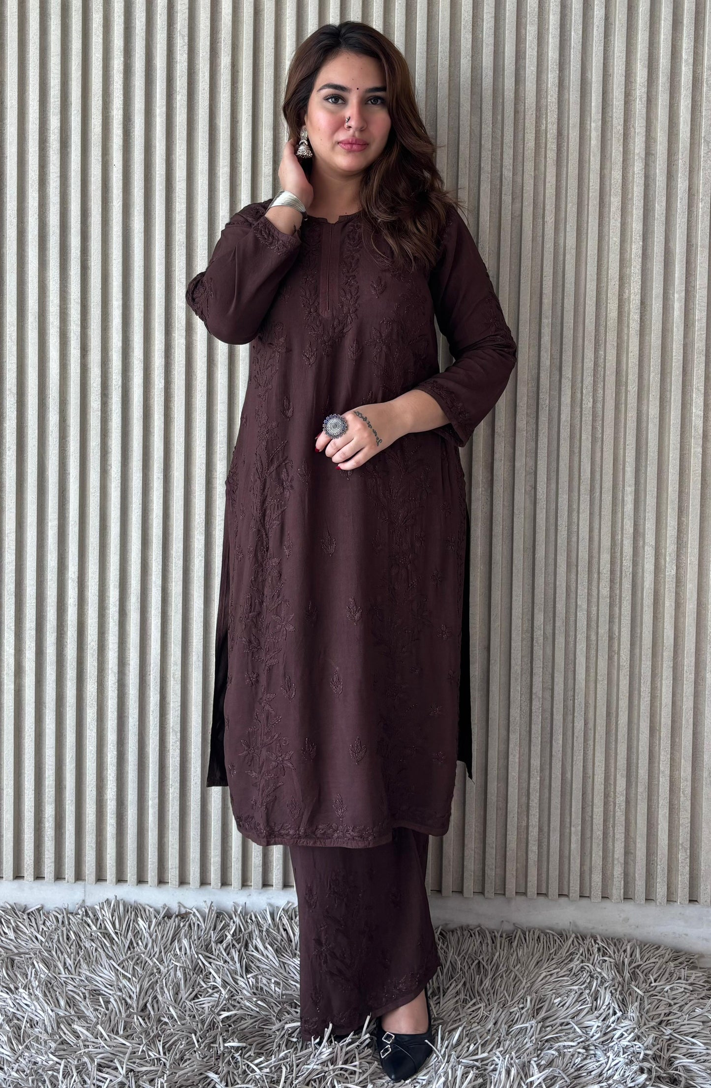 Coffee Brown Rayon Lucknow Chikankari Kurta with Palazzo Set