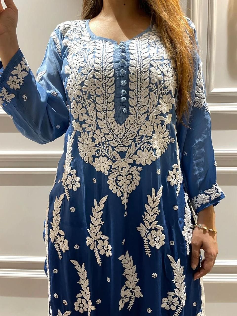 Blue Premium Lucknow Chikankari 3D Leaf Jaal Kurta in Luxe Maslin with Pallazo Set