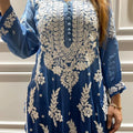 Blue Premium Lucknow Chikankari 3D Leaf Jaal Kurta in Luxe Maslin with Pallazo Set