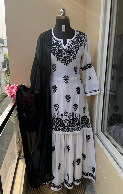 Monochrome Premium Lucknow Chikankari Kurti and Gharara Set with Chiffon Dupatta