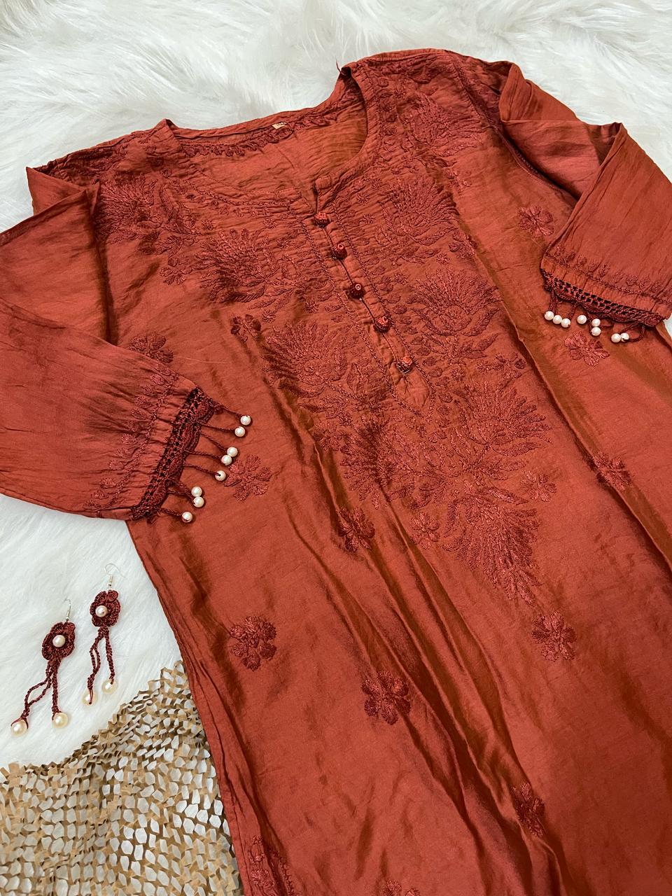 Brick Red Elegant Chanderi Kurti with Quraishiya & Moti Work – Matching Handmade Earrings & lycra Pant