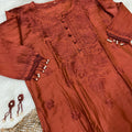 Brick Red Elegant Chanderi Kurti with Quraishiya & Moti Work – Matching Handmade Earrings & lycra Pant