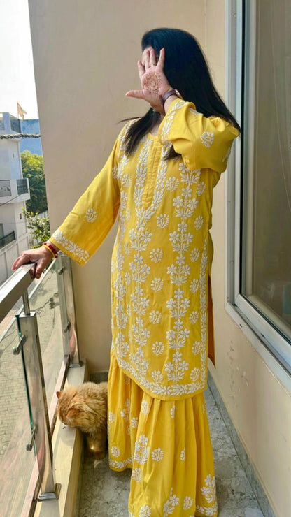 Yellow Premium Kurti & Gharara Co-ord Set – Lucknow Chikankari Handwork