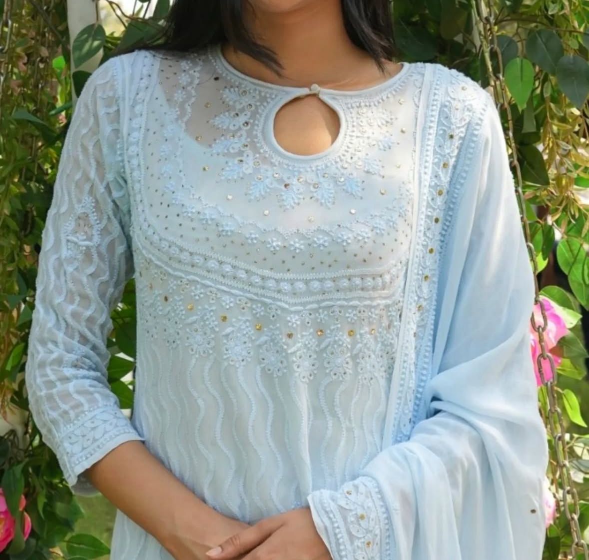 Pastel Blue Viscose Chikankari Kurta and Palazzo Set with Mukaish Work (New| Limited Stock)