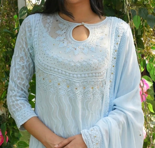 Pastel Blue Viscose Chikankari Kurta and Palazzo Set with Mukaish Work (New| Limited Stock)