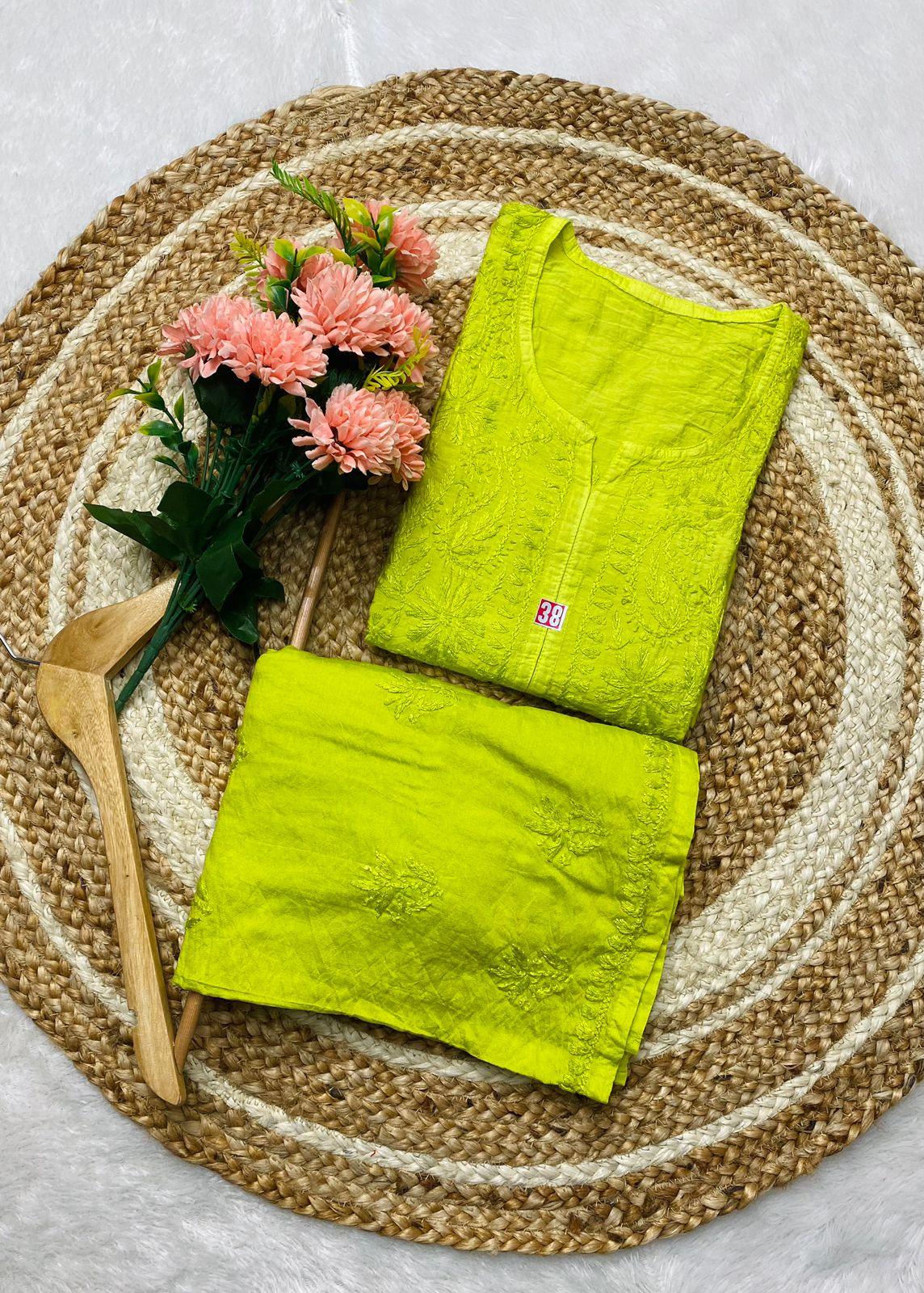 Lucknowi Chikankari Chanderi Kurti & Palazzo Set-Neon Color - Inayakhan Shop 