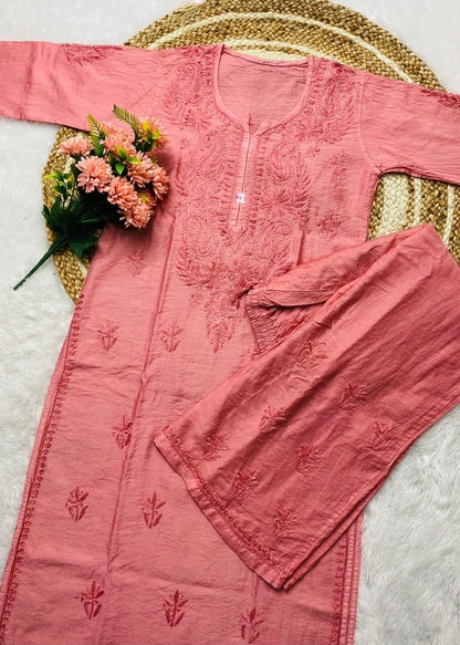 Lucknowi Chikankari Chanderi Kurti & Palazzo Set-Peach Color - Inayakhan Shop 