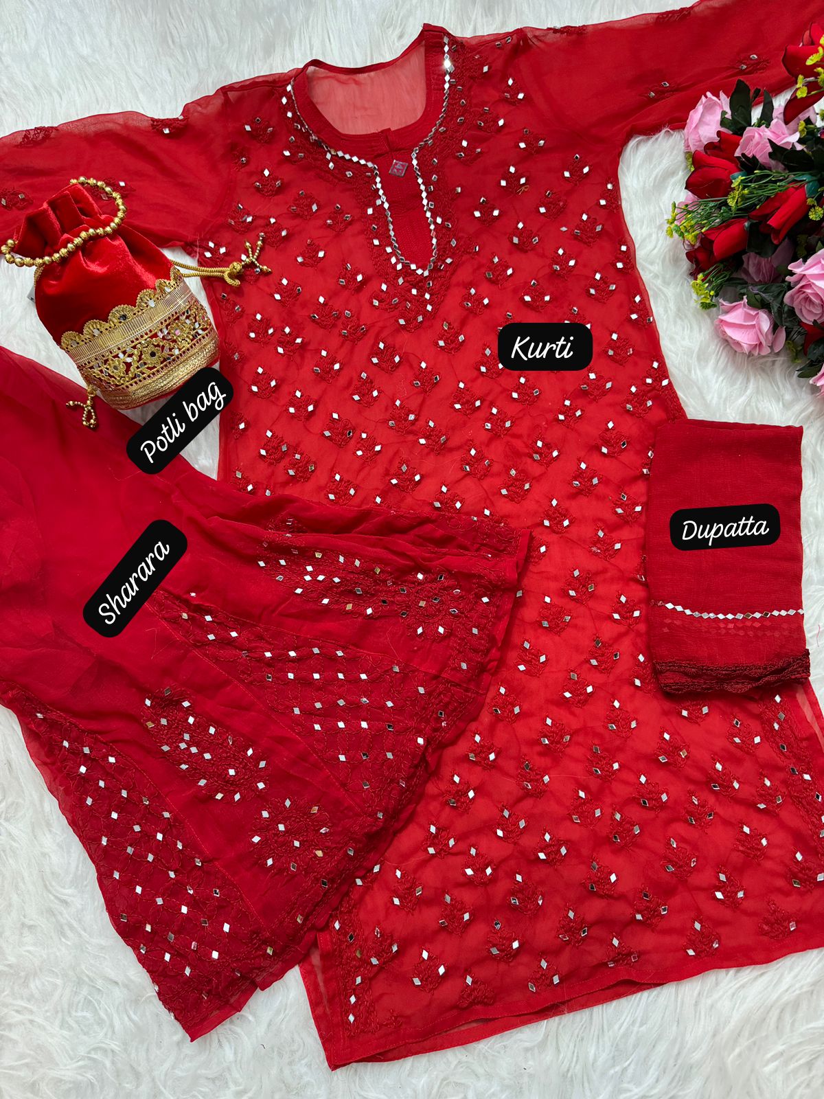 Red Chikankari Elegance Ombré Mirror Booti Jaal Set - Potli , Kurti, Sharara ,Dupatta & Inner