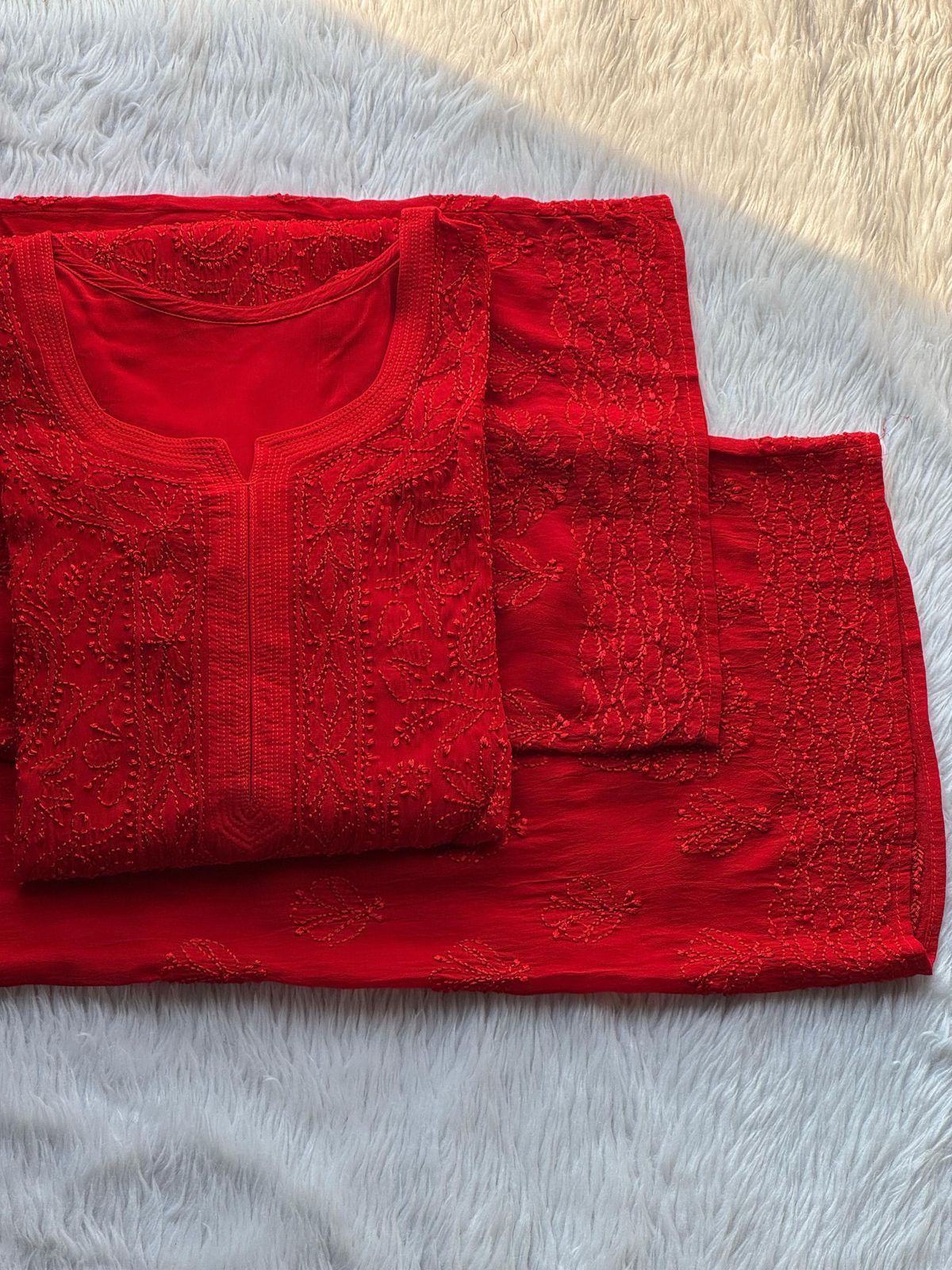 Red Elegant Viscose Lucknow Chikankari Handwork Ensemble (New)