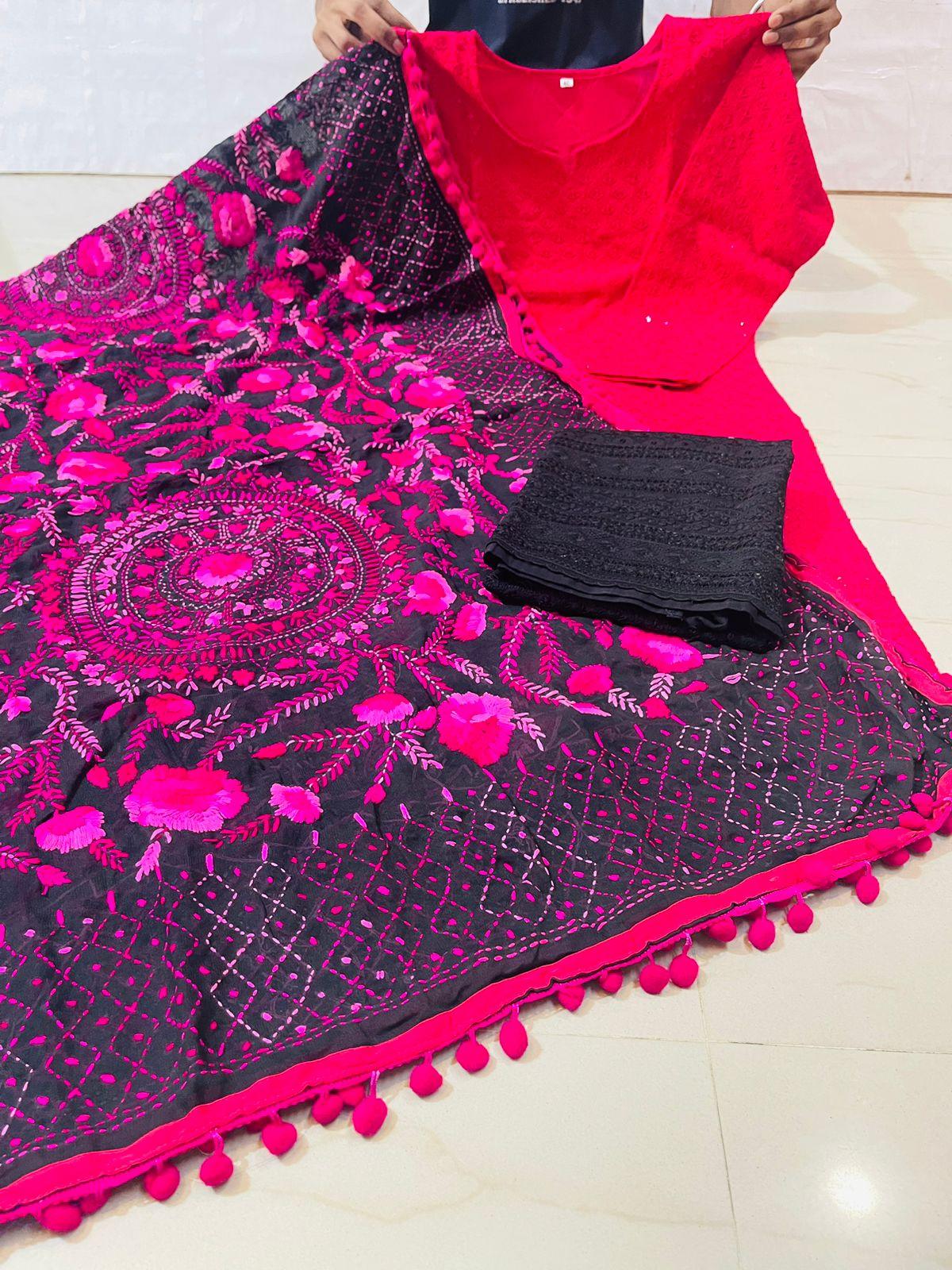 Magenta Pink Chikankari Sequin Work Ready-to-Wear Kurti, Plazo, and Dupatta Set - Inayakhan Shop 