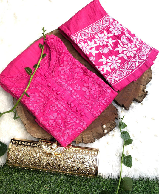 Magenta Pink Cotton Chikankari Hand Work Kurti Pant Sets - Inayakhan Shop 