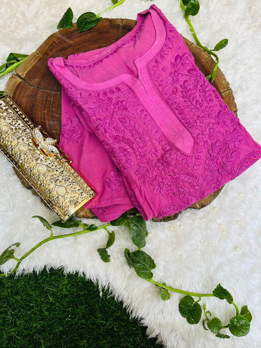 Magenta Pink Viscose Chikankari Kurti with 3-D Thread Handwork Embroidery Latest Online - Inayakhan Shop 