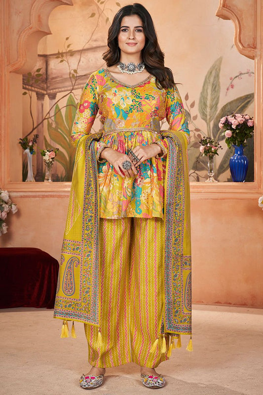 Yellow Silk Digital Print and Foil Work Palazzo Kameez with Dupatta