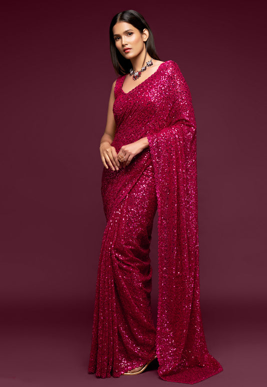 Majenta Heavy Sequins Work Bridesmaid Saree with Blouse