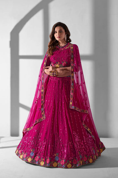 Pink Georgette Floral Embroidered Wedding Guest Lehenga Choli with Net