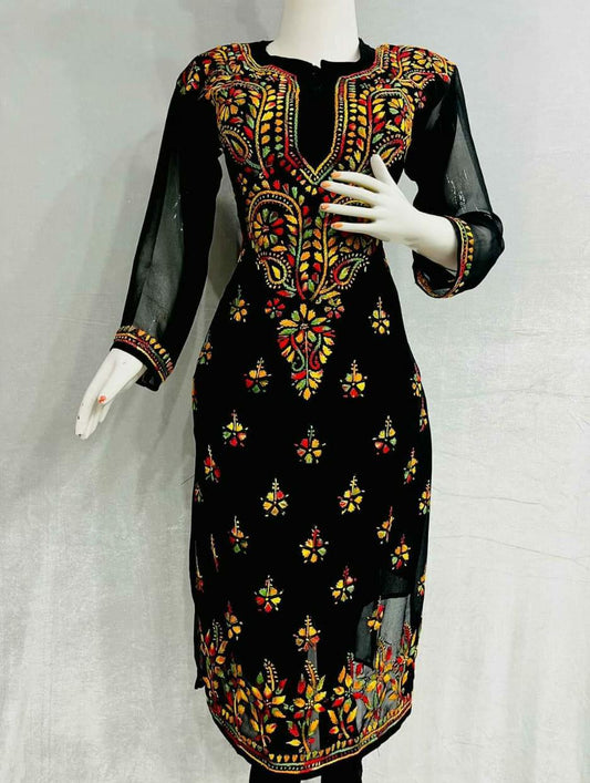 Majestic Melange: Plus++ Size Georgette Kurti with Colorful Chikankari work up to 64 Size - Inayakhan Shop 