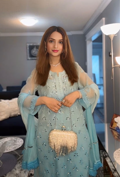 Marina Aqua blue Ombré Georgette Lucknow Chikankari Mirror Sharara Set