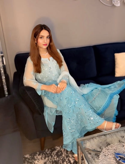 Marina Aqua blue Ombré Georgette Lucknow Chikankari Mirror Sharara Set